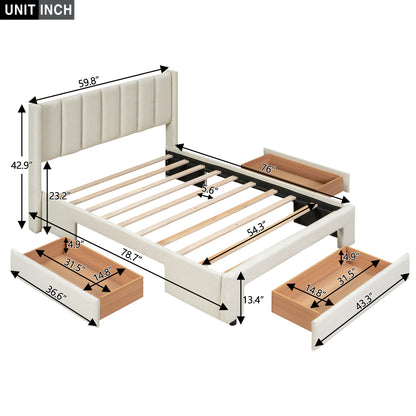 Upholstered Platform Bed with Drawers Beige