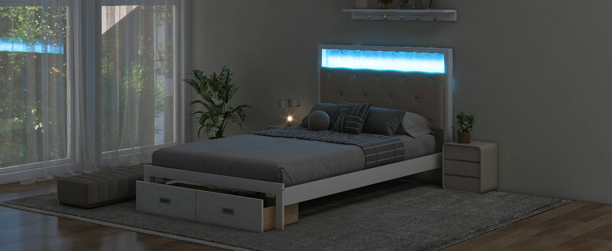 Full Platform Bed with LED Headboard White