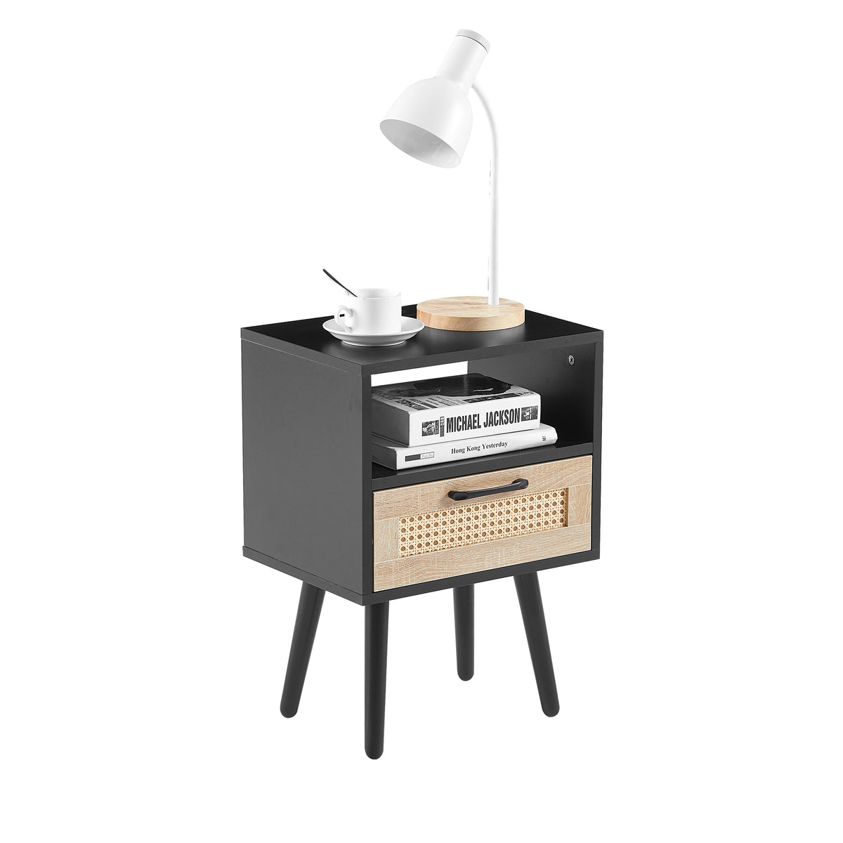 Rattan End Table with Drawer Black Legs