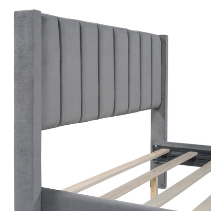 Velvet Platform Bed with Storage Drawer Gray