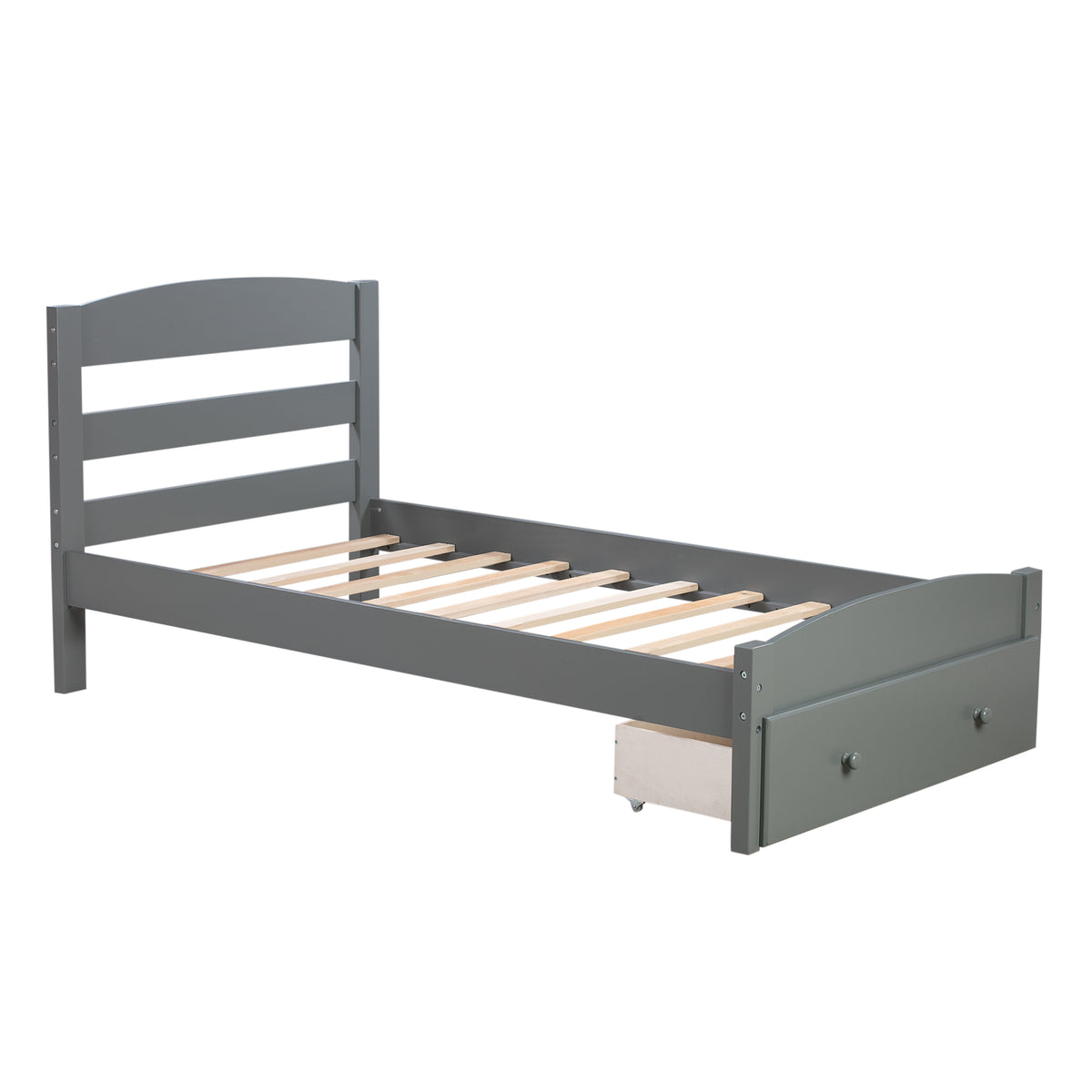 Grey Twin Platform Bed with Storage Drawer