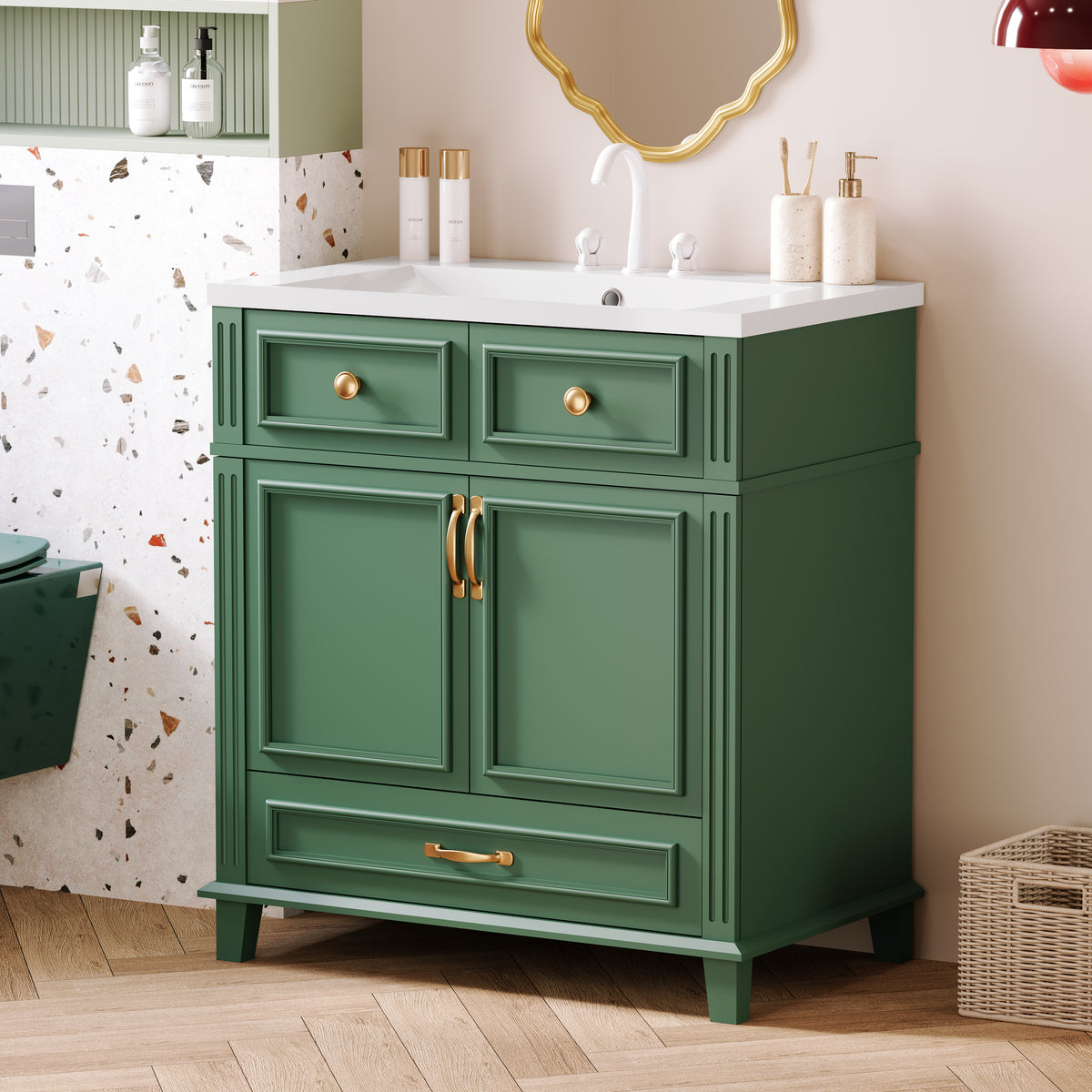 30-Inch Solid Wood Bathroom Vanity with Sink Green