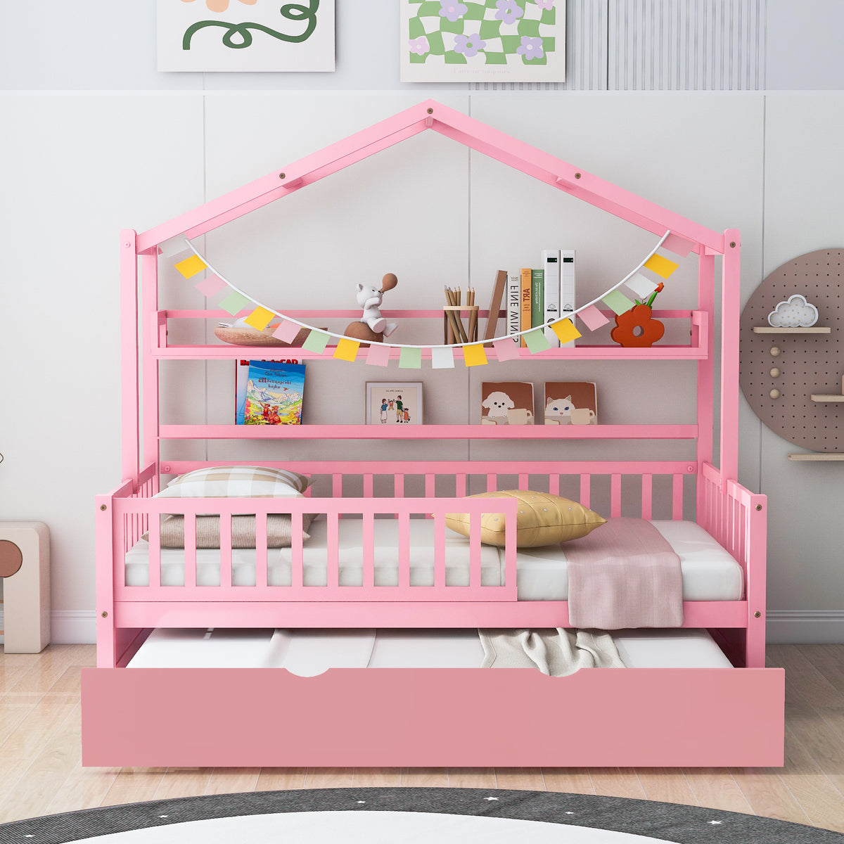 Twin House Bed with Trundle Pink