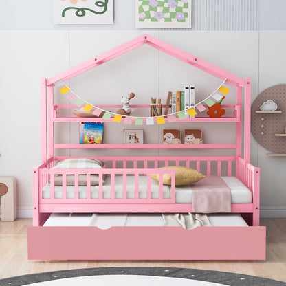 Twin House Bed with Trundle Pink