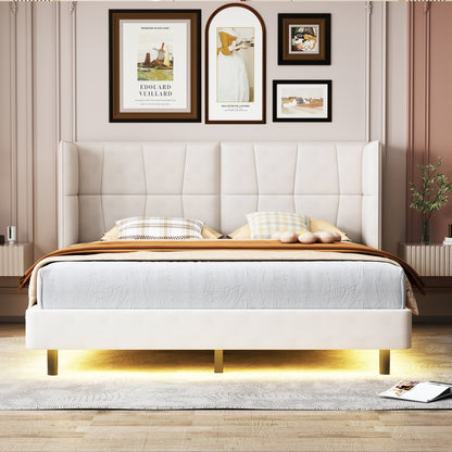 Queen Platform Bed with LED Headboard Beige