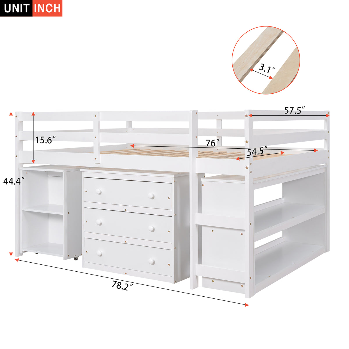 Full Loft Bed with Rolling Desk White