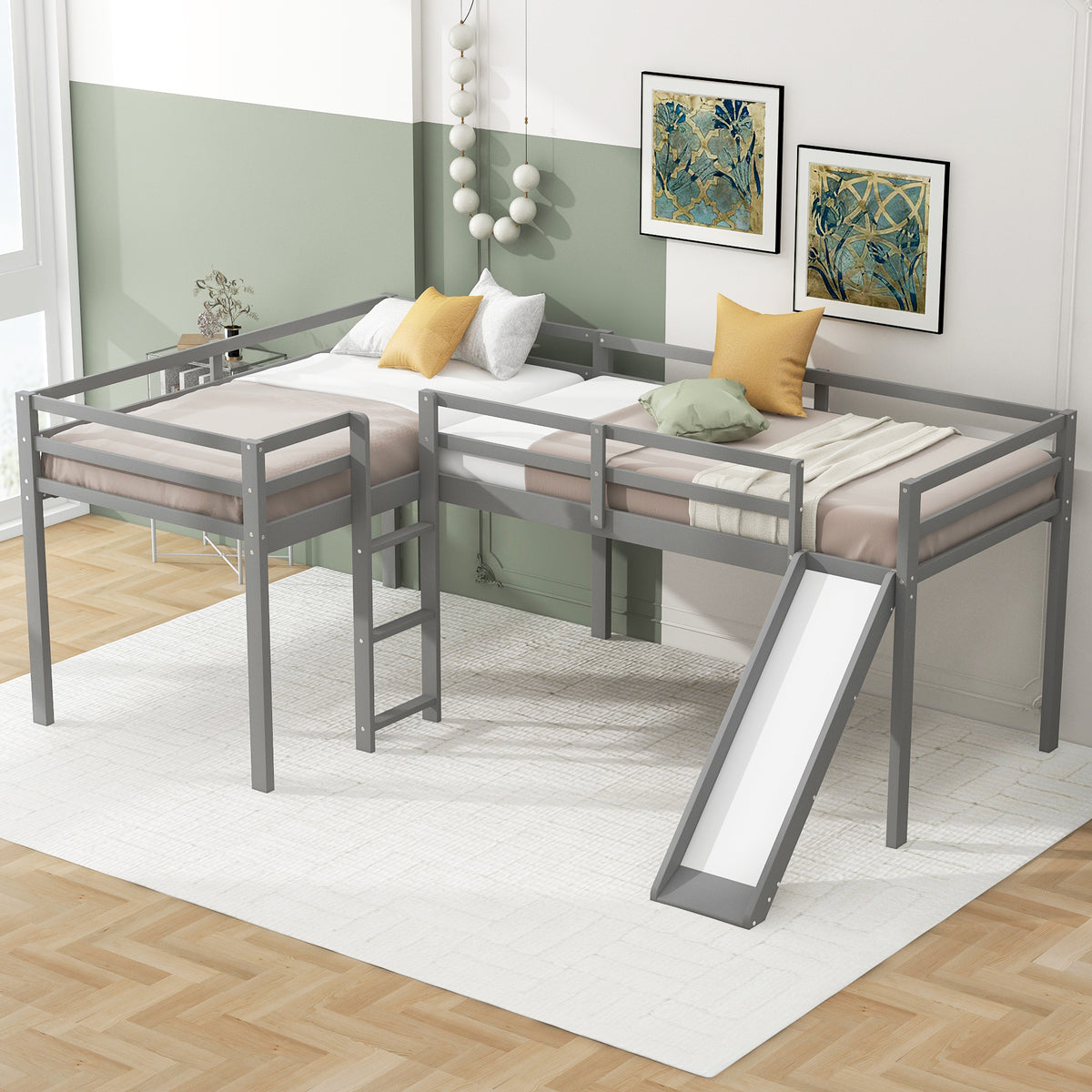 L-Shaped Twin Loft Bed with Slide Gray