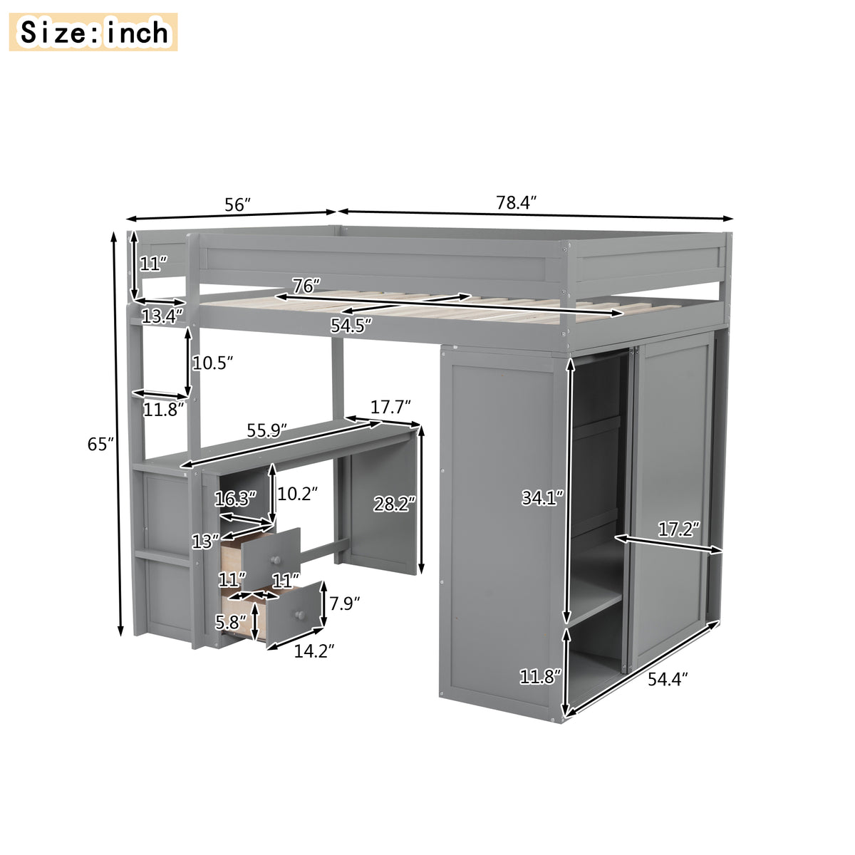 Full Loft Bed with Wardrobe Gray