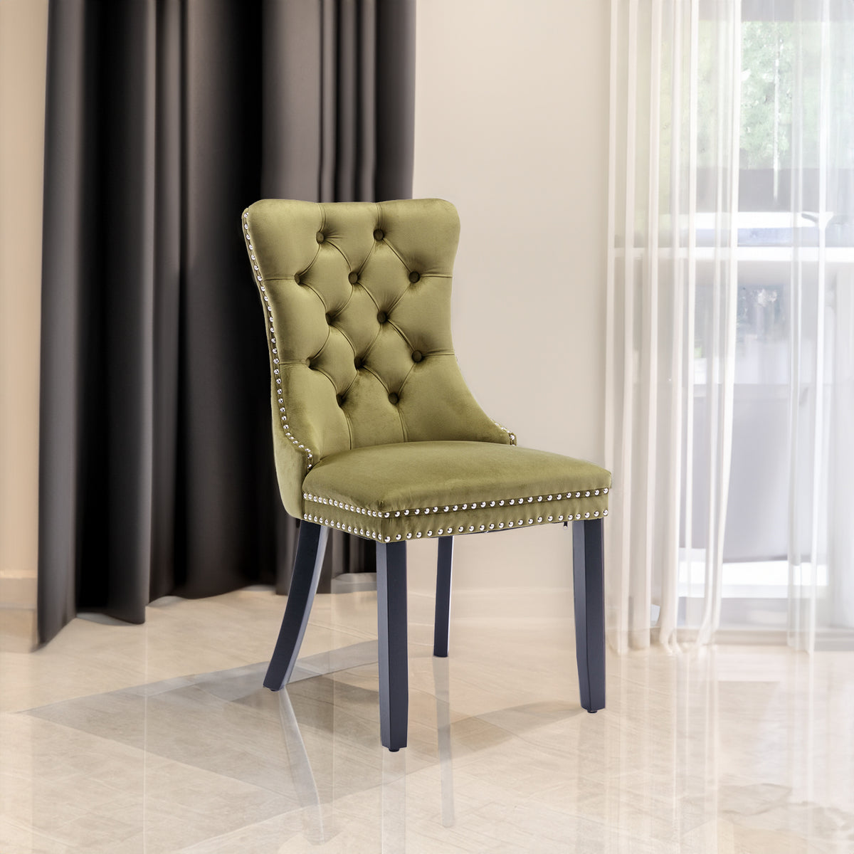 Tufted Olive Green Dining Chairs Set of 2