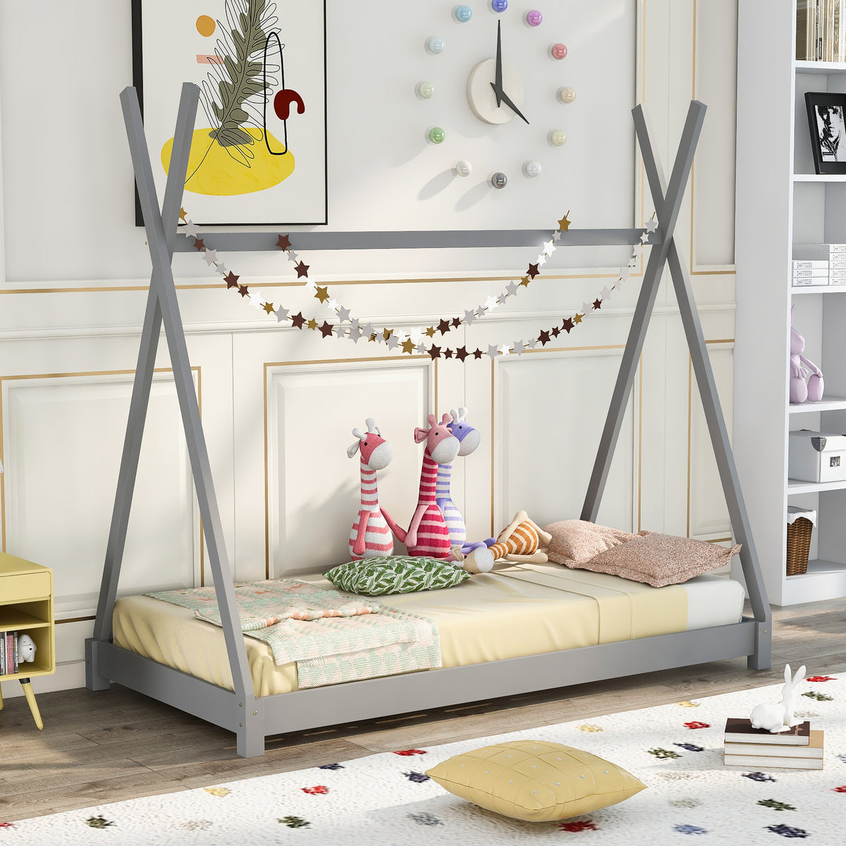 Twin Size Gray House Platform Bed with Triangle Roof