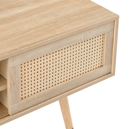 Rattan Wood TV Console – Adjustable Doors, Natural Finish