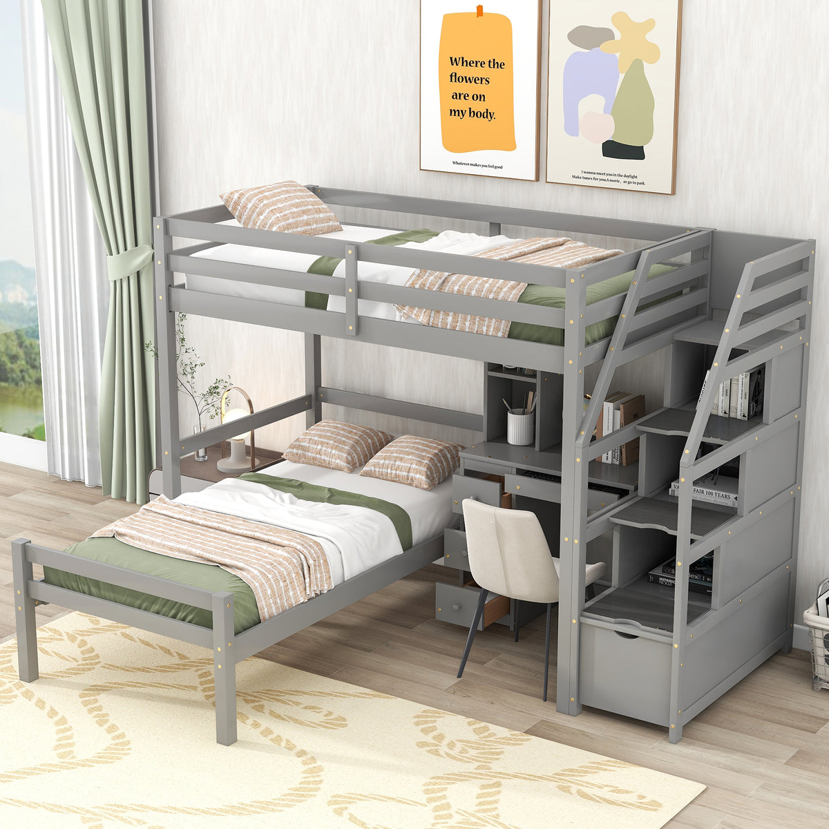 Twin Loft Bed with Storage Gray