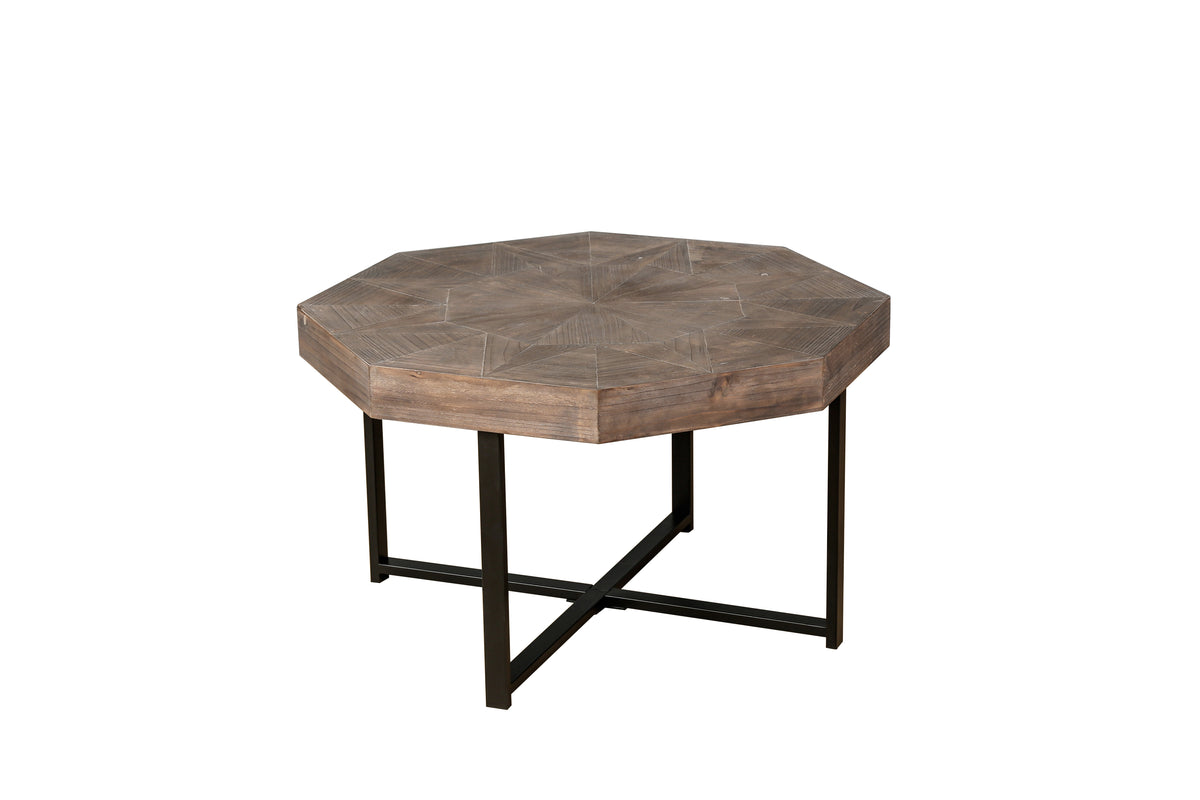 Octagonal Coffee Table with Cross Metal Base Brown