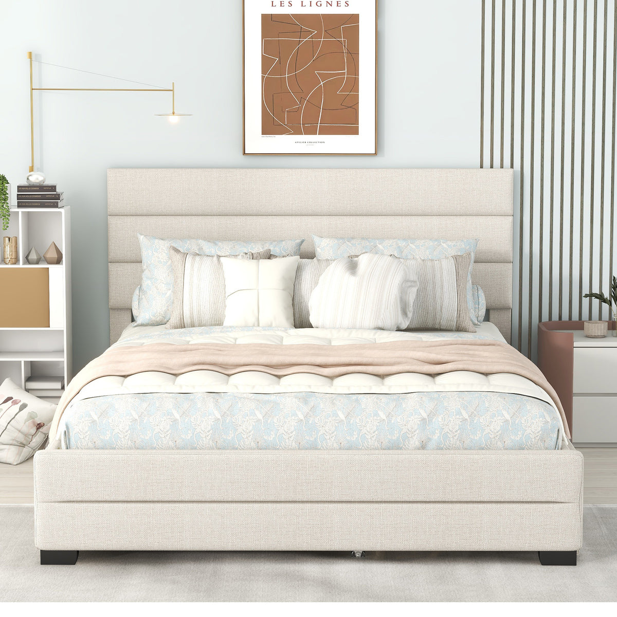 Queen Upholstered Bed with Twin Size Trundle Beige