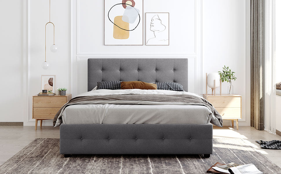 Upholstered Platform Bed with Drawers Light Gray
