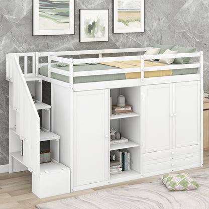 White Loft Bed with Storage and Ladder