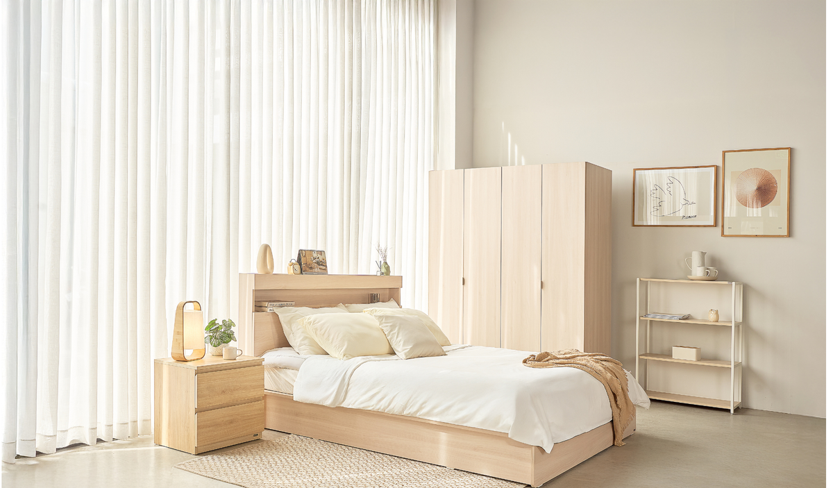 Vienna Wooden Bed with Storage Drawers & Integrated Power Outlets (Natural Wood)