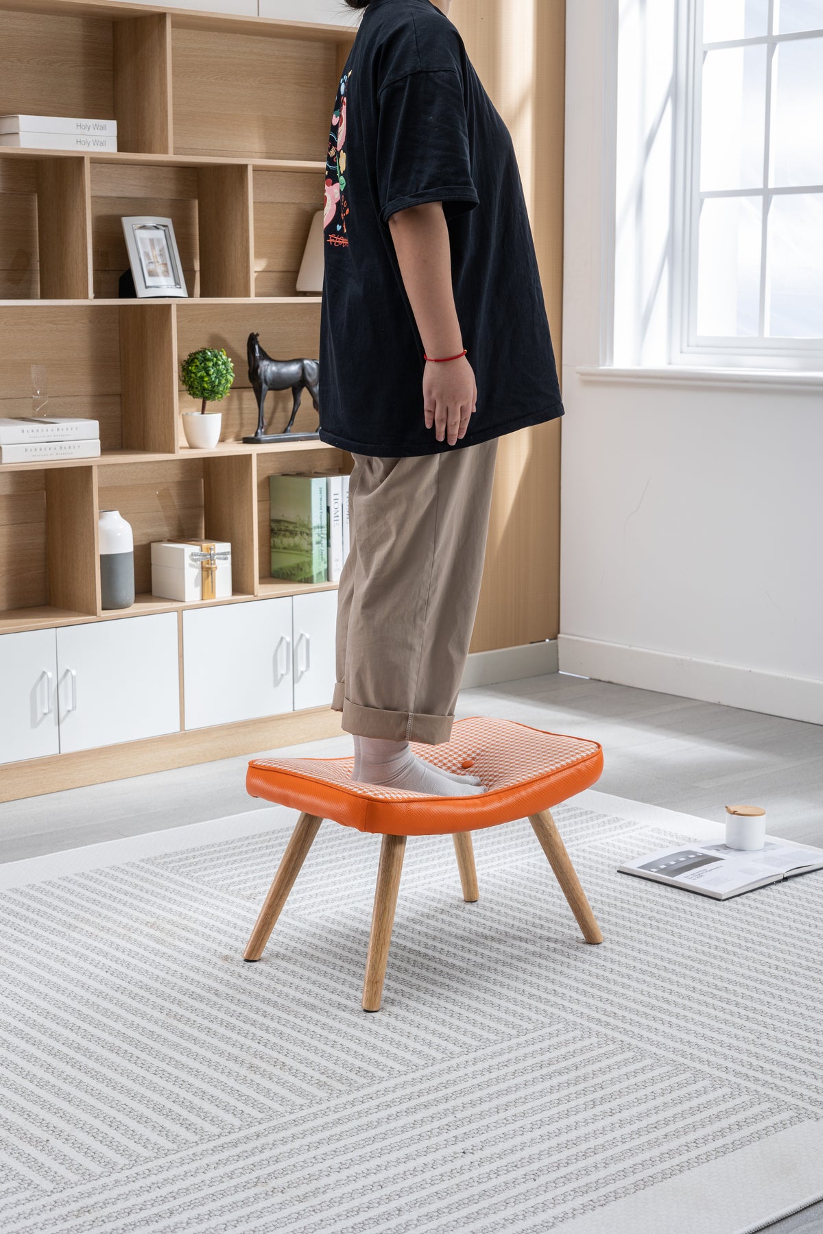 Wooden Step Ottoman with Cushion Orange