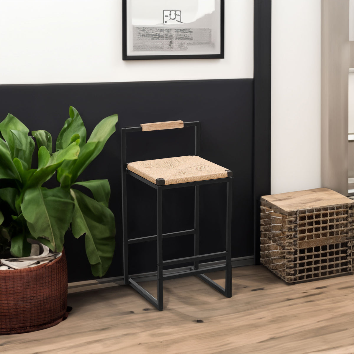 Paper Rope Counter Chairs (2 pcs) – Black Frame