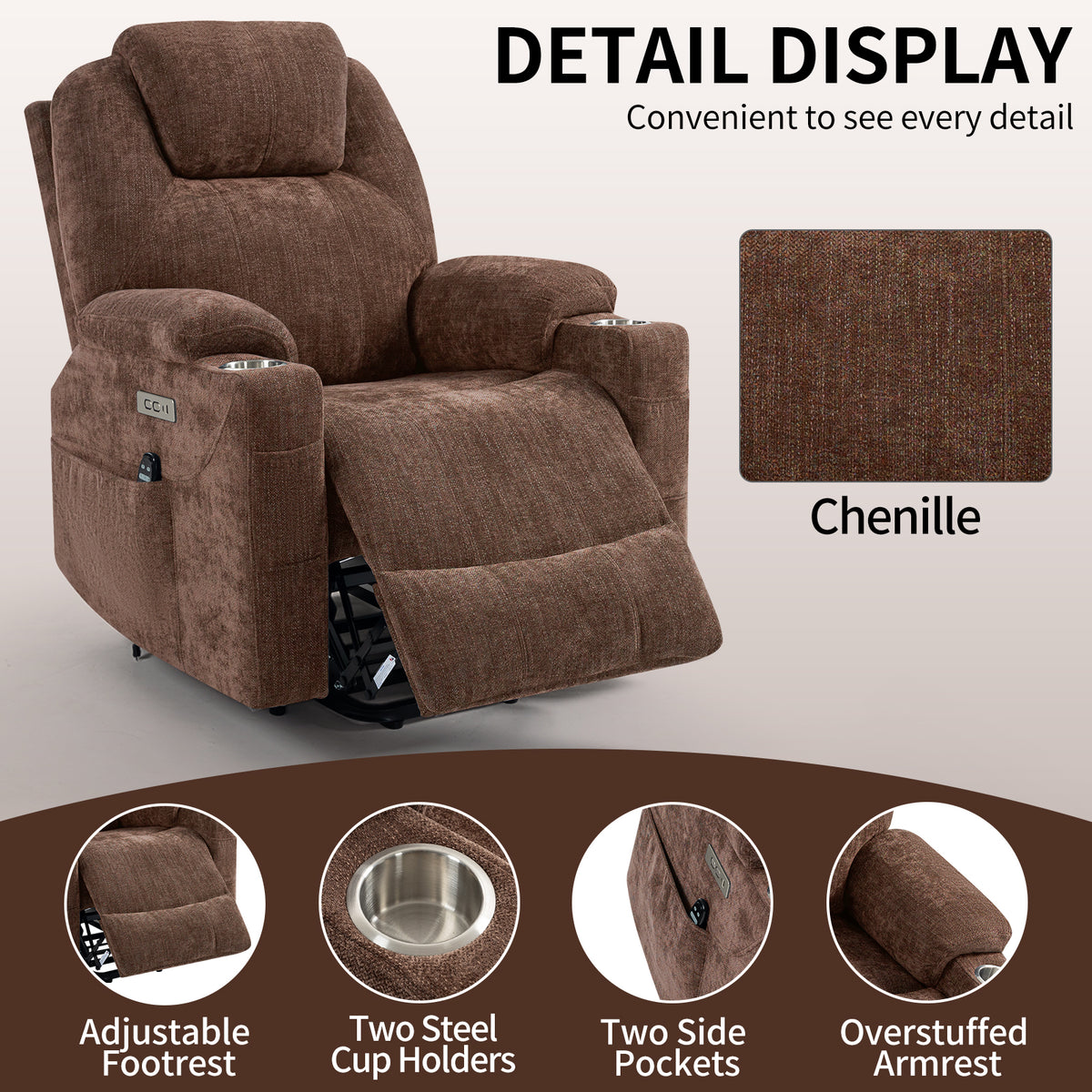 Chenille Power Recliner Chair 350LB Capacity