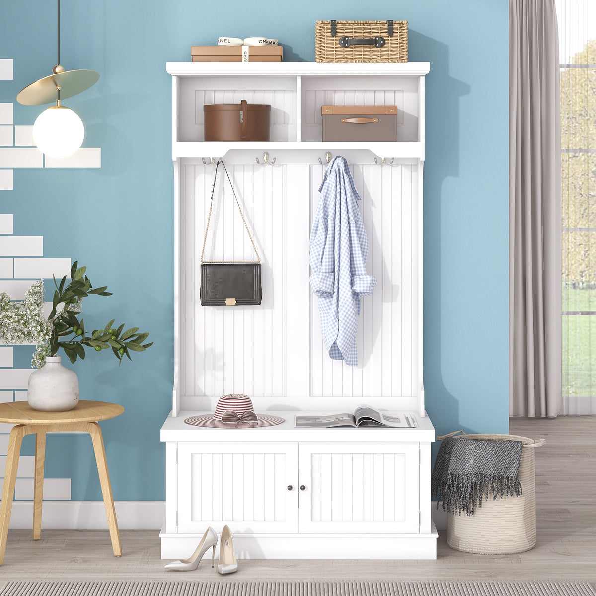 White Hall Tree Bench with Coat Hooks