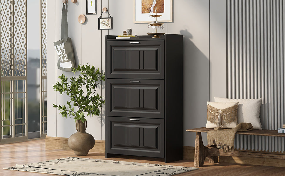 U-Can Black Shoe Storage Cabinet with 3 Flip Drawers
