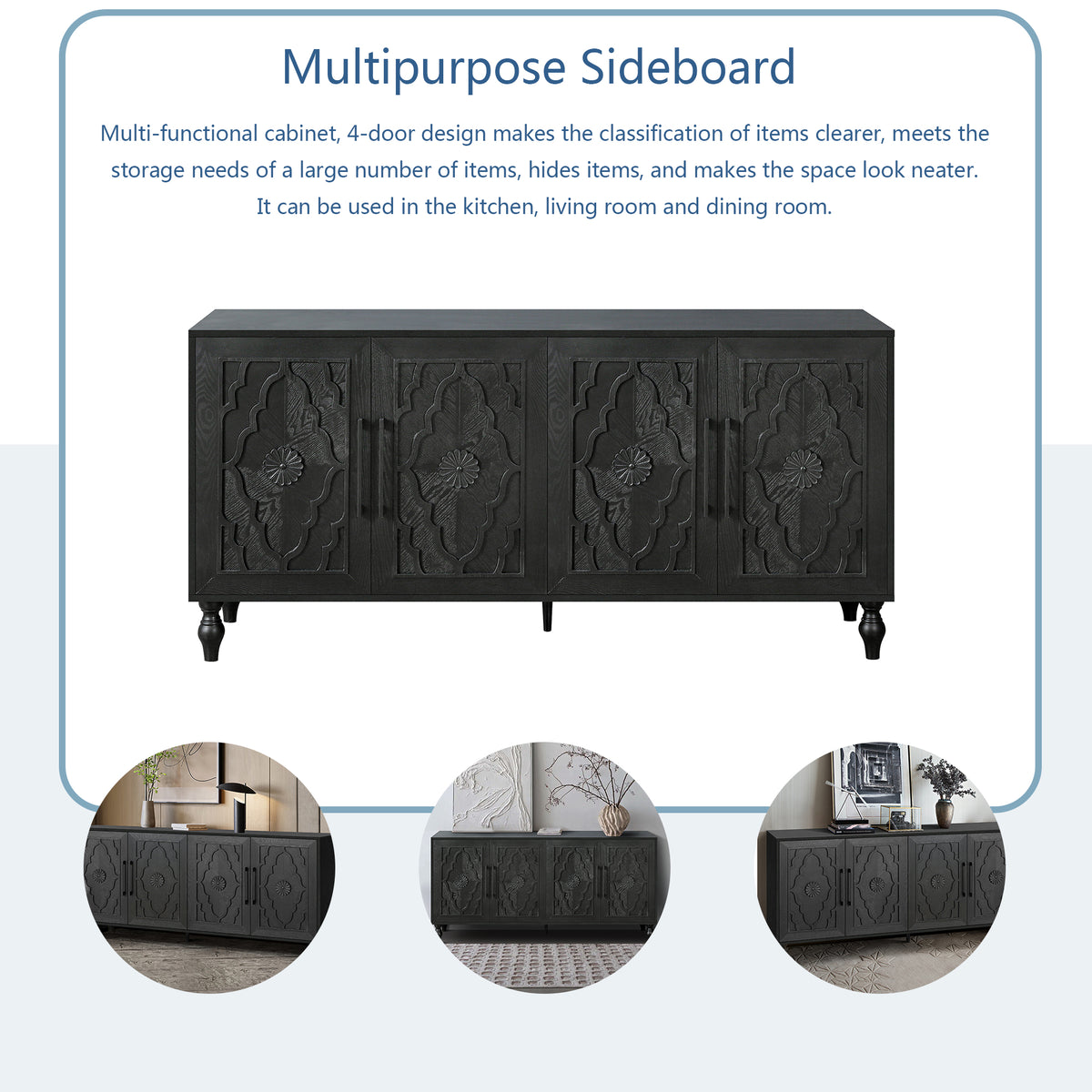 Carved Black Flower Door Storage Cabinet