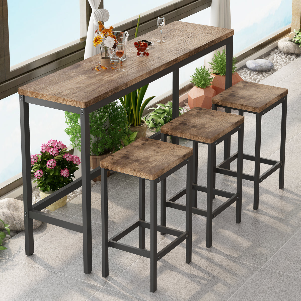 Modern Pub Dining Table with 3 Stools Natural Finish