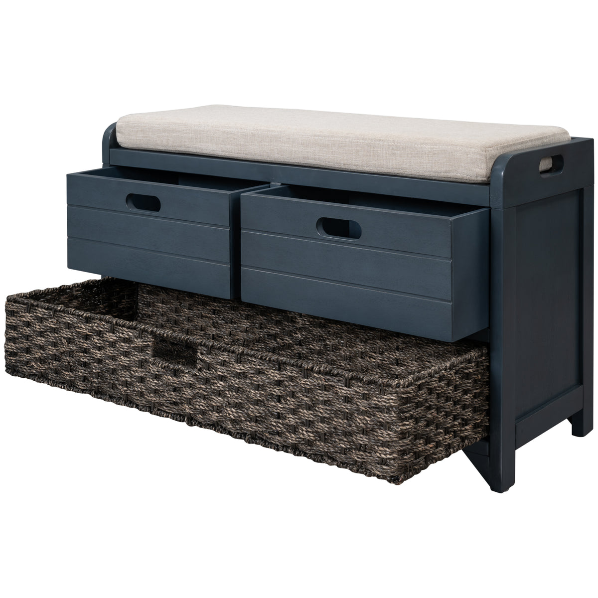 Navy Storage Bench with Rattan Basket