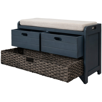 Navy Storage Bench with Rattan Basket