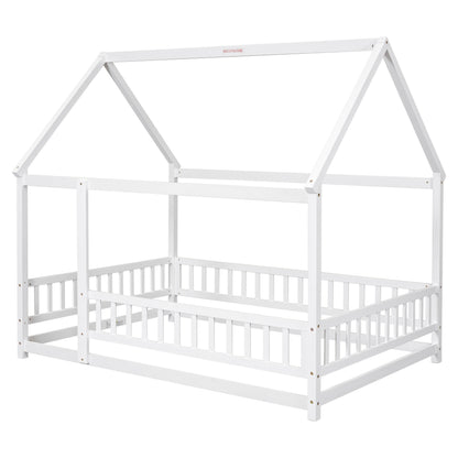 Full Wooden Bed with House Roof Frame White