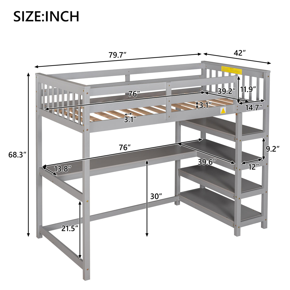 Twin Loft Bed with Storage Gray