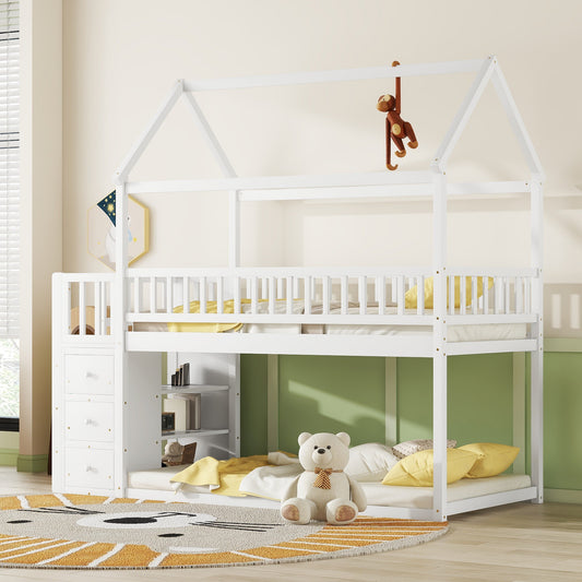 Twin House Bunk Bed with Shelves White