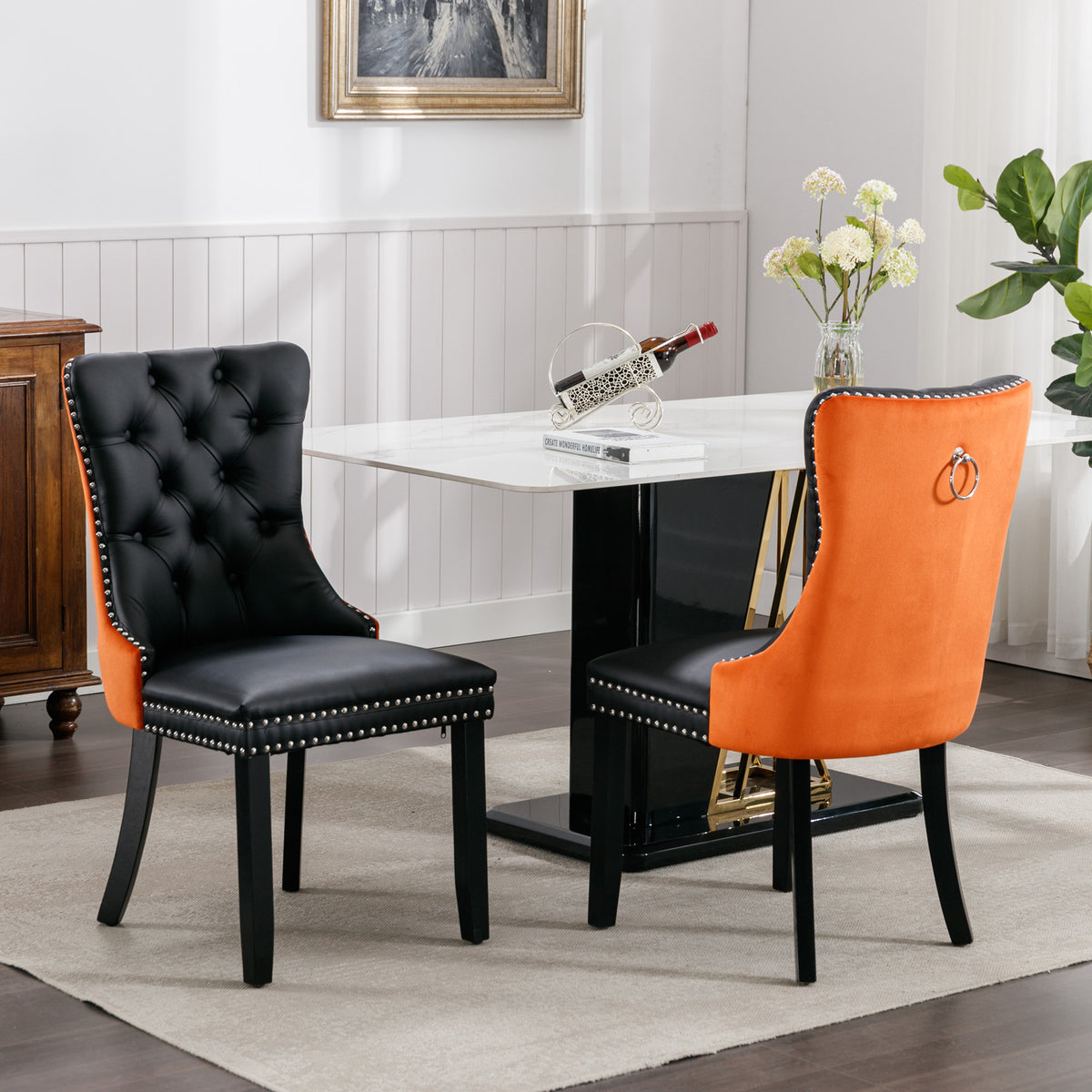 Nikki Tufted Linen Dining Chair Set (2 pcs) – Black and Orange