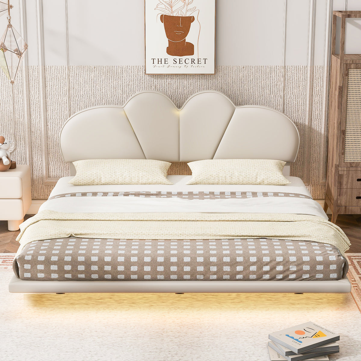 Upholstered Queen Bed with PU Headboard Beige