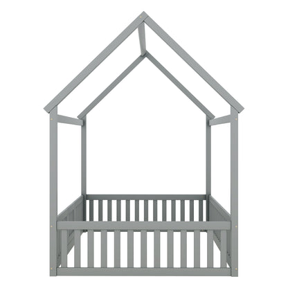Full Wood Bed with Fence and Door Gray