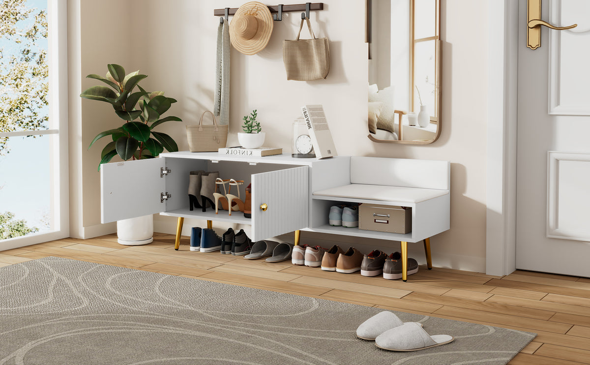 Modern White Shoe Storage Bench with Hidden Upholstered Seat