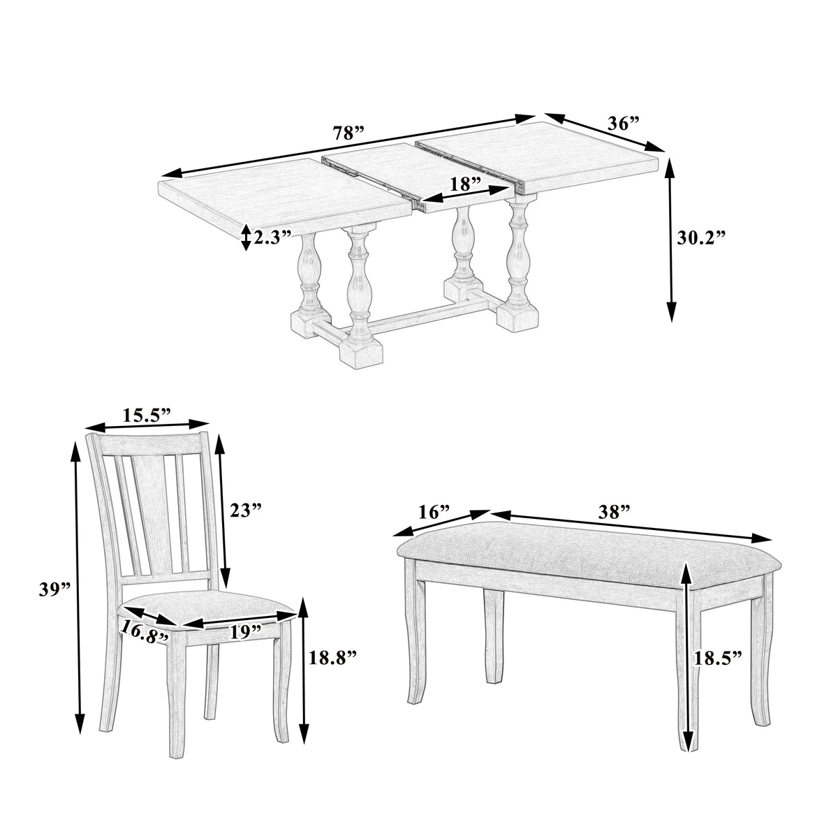 6-Piece Extendable Dining Set Distressed White