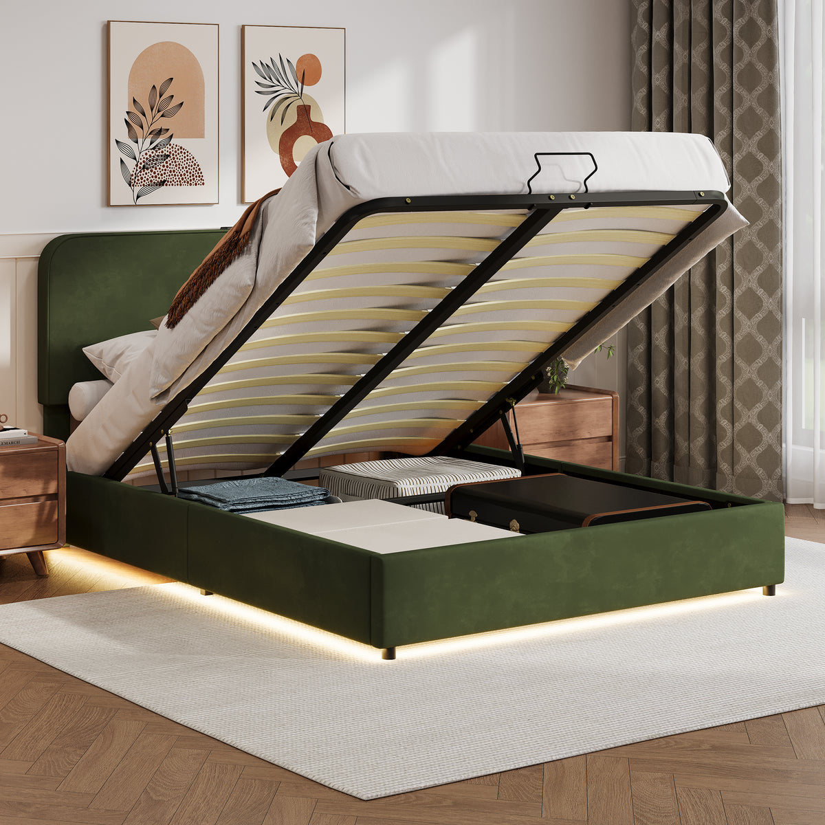 Hydraulic Storage Bed with LED Lights Green