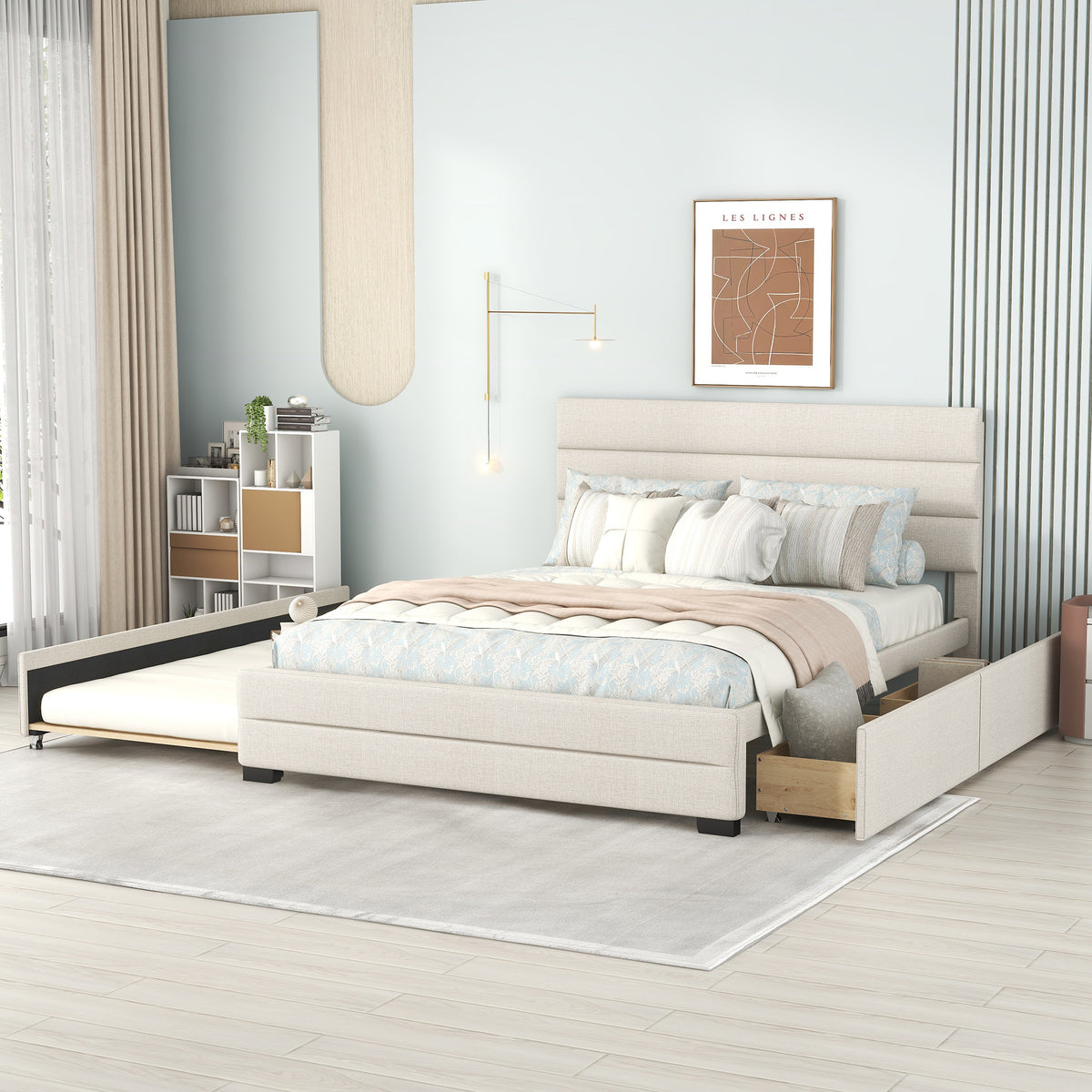 Queen Upholstered Bed with Twin Size Trundle Beige