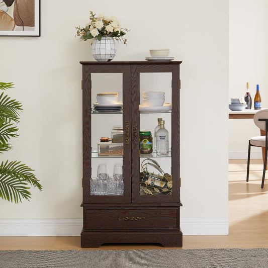 Light Oak Display Cabinet with Glass Frame and Drawer