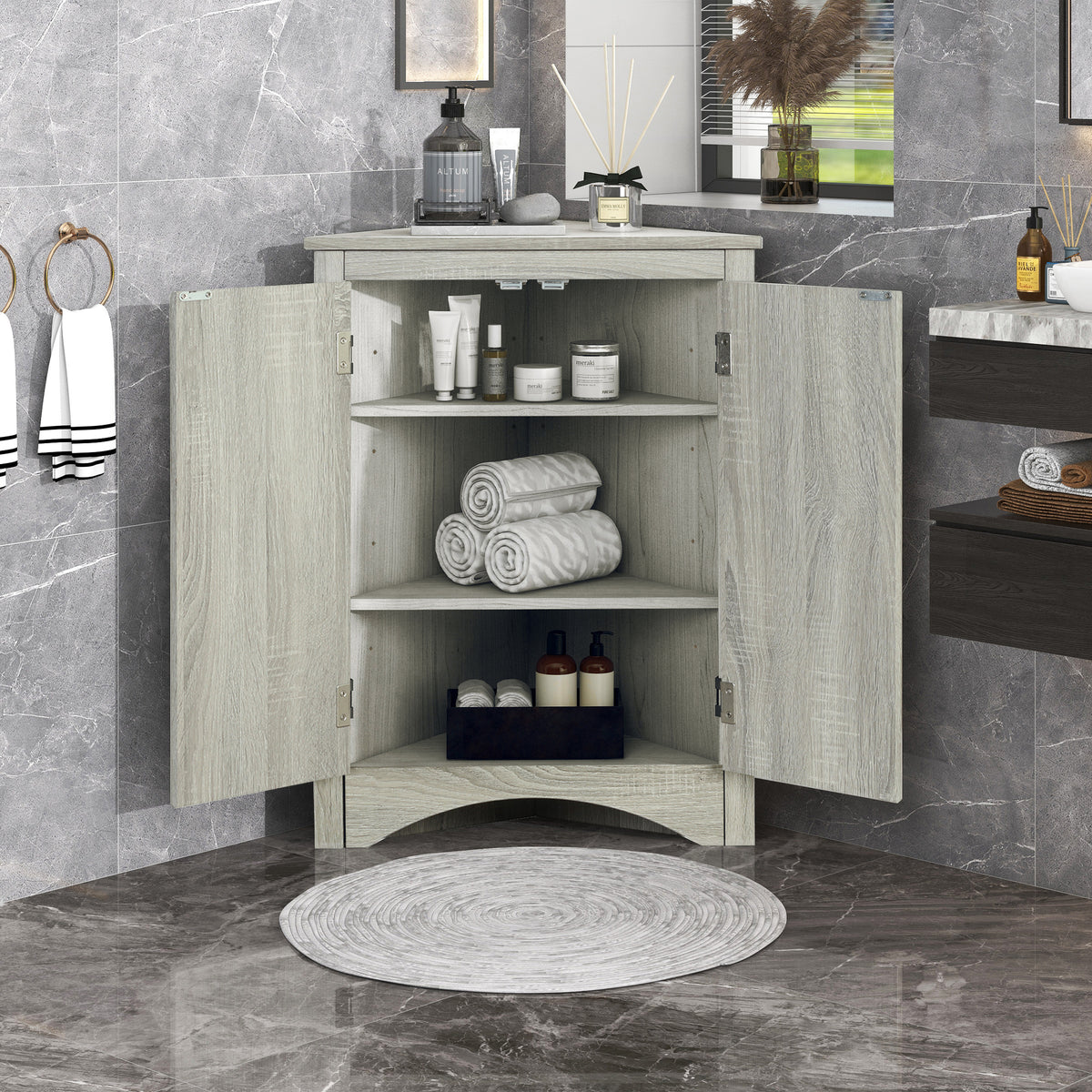 Oak Corner Bathroom Cabinet with Shelves