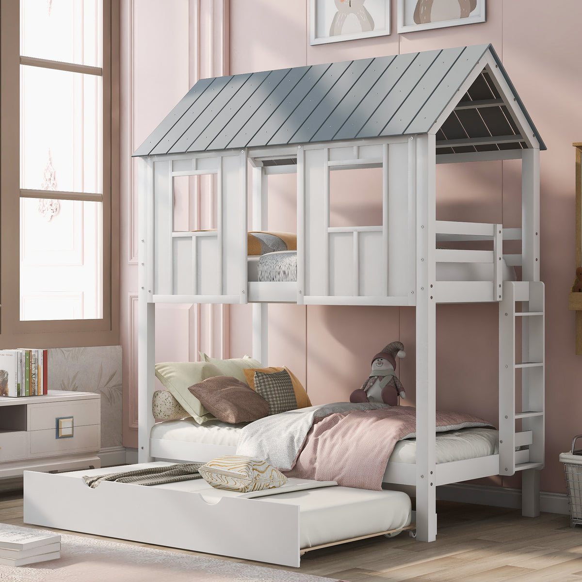 House Bunk Bed with Roof White