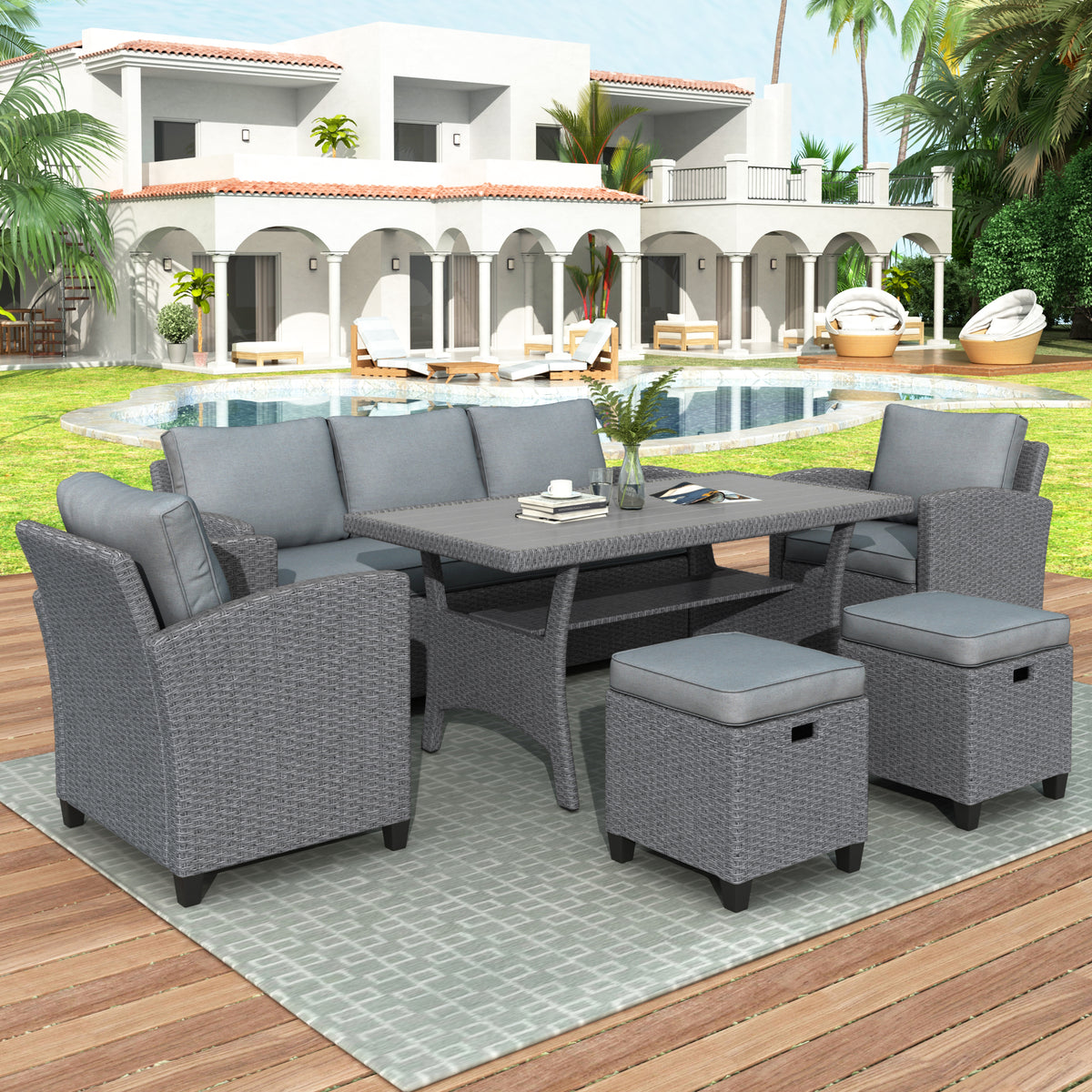 Outdoor Rattan Dining Set (6 pcs) – Gray Mat