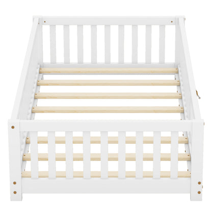 Twin Floor Bed with Guardrails White