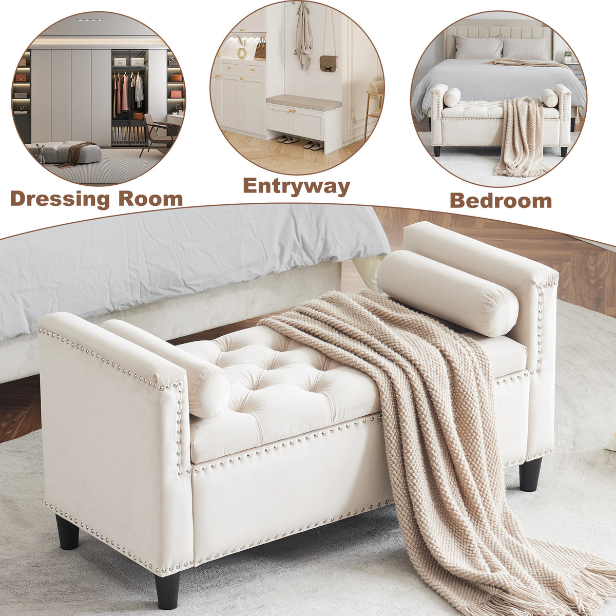 Velvet Storage Bench with Nailhead Trim Cream