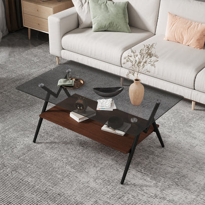 Rectangular Glass Coffee Table – Grey Wood Base
