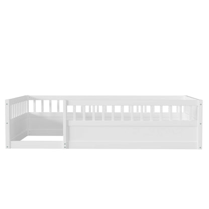 Wood Floor Twin Bed with Fence White