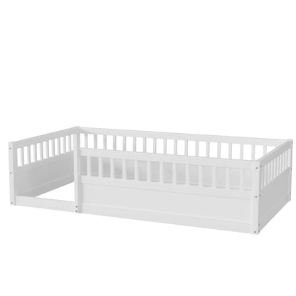 Wood Floor Twin Bed with Fence White