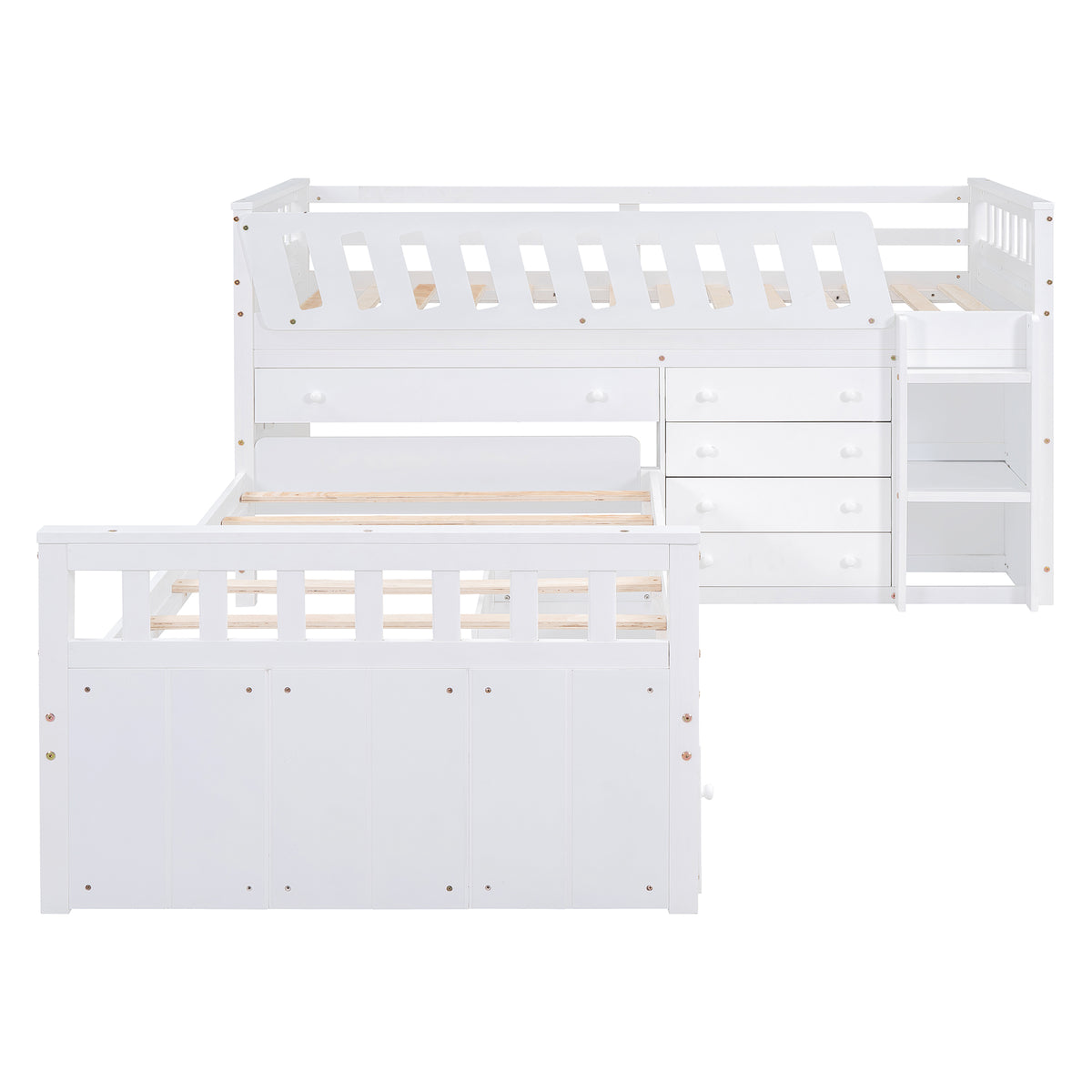 L-Shaped Twin Loft Bed with Storage White